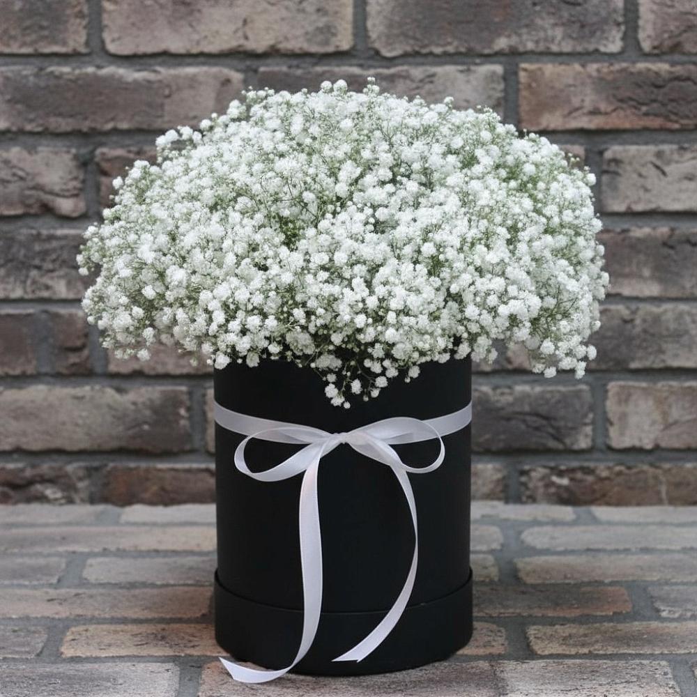 Цветочная композиция из Гипсофила в шляпной коробке в Белом Яре Томской области