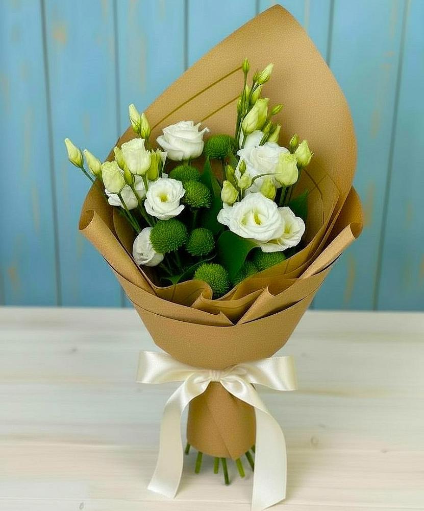 Букет цветов из: Хризантемы и Лизиантусы в Белом Яре Томской области