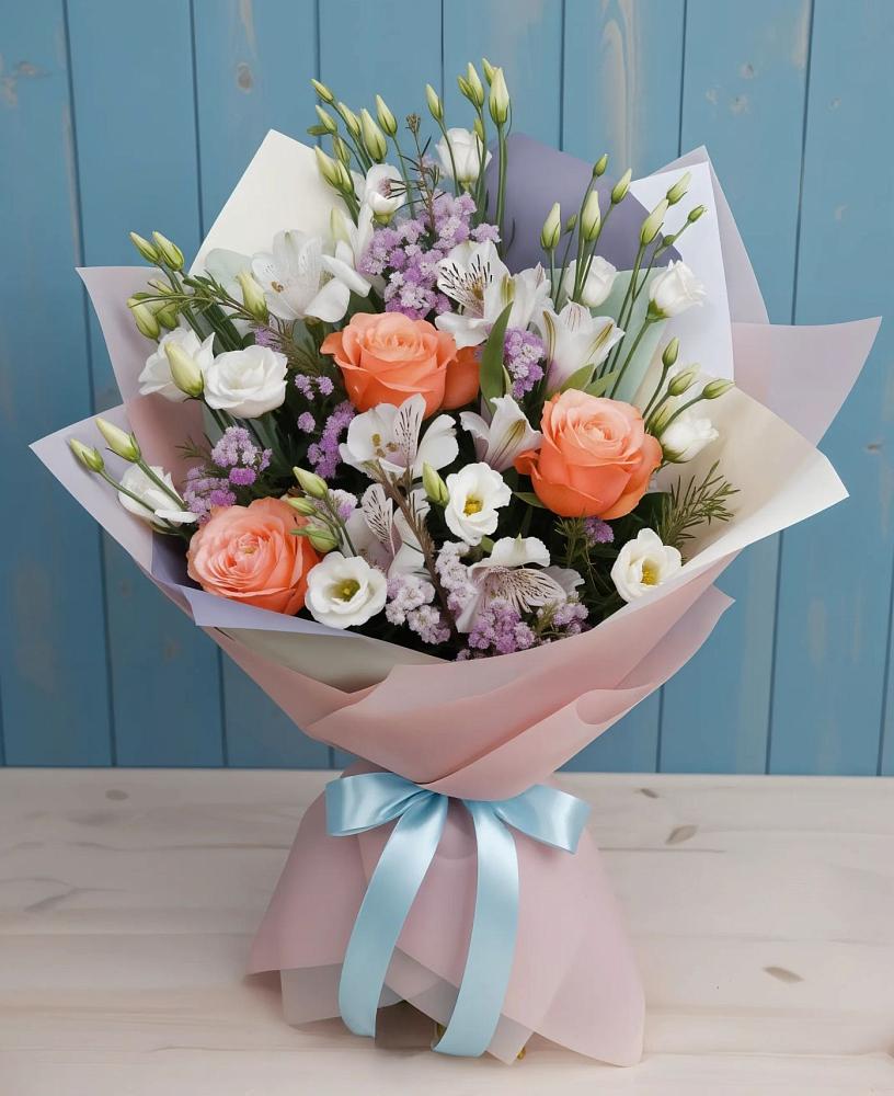 Букет цветов из: Лизиантусы, Розы, Альстромерии и Гипсофила в Белом Яре Томской области