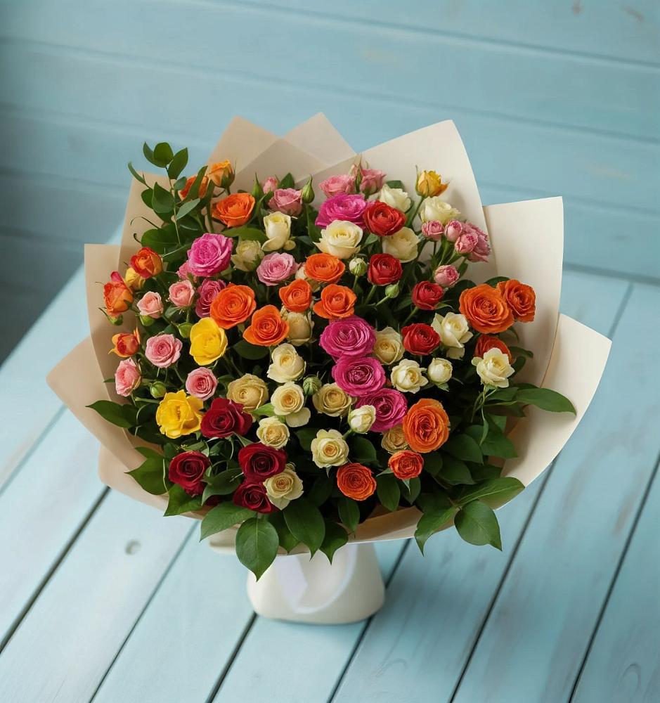 Букет Микс из разноцветных кустовых роз в Белом Яре Томской области