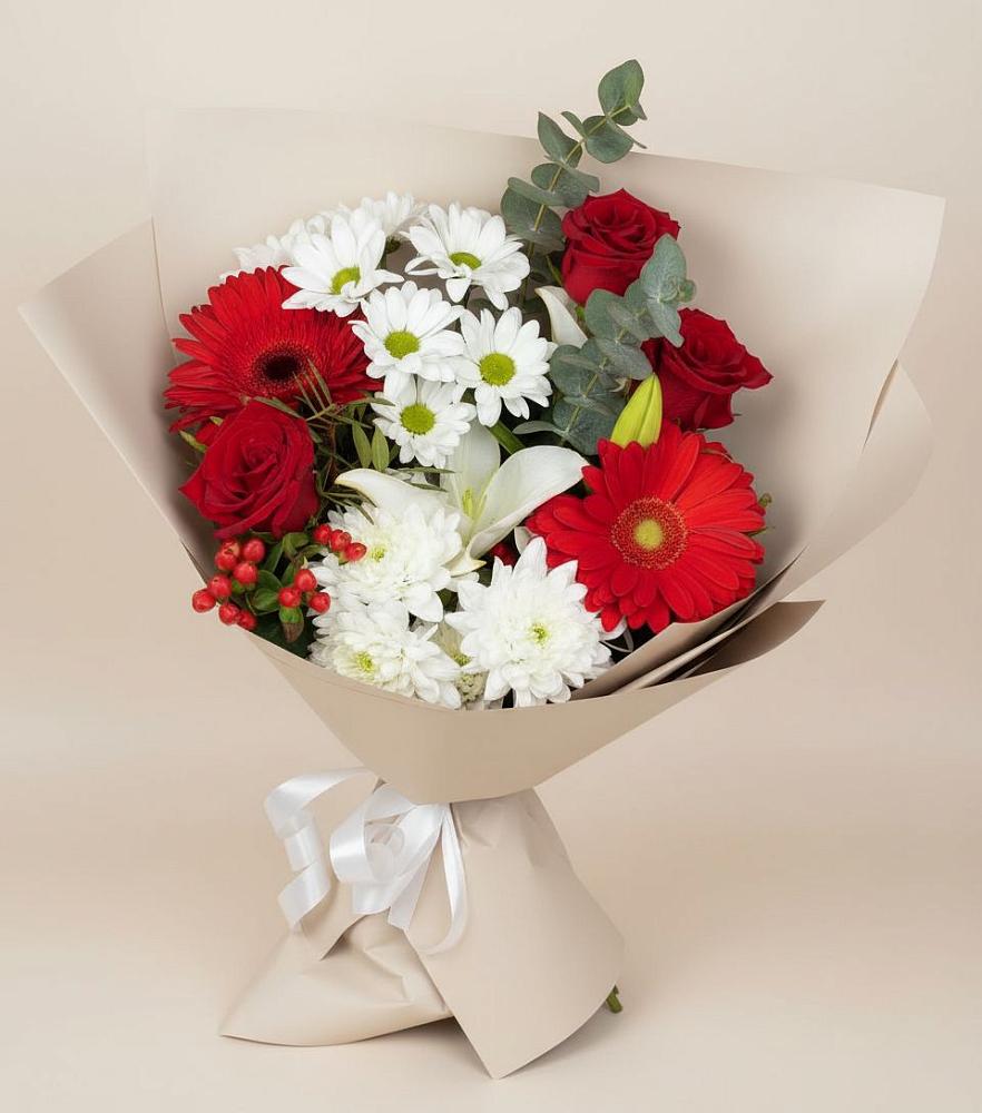 Букет цветов из: Розы, Хризантемы, Герберы и Лилии в Белом Яре Томской области