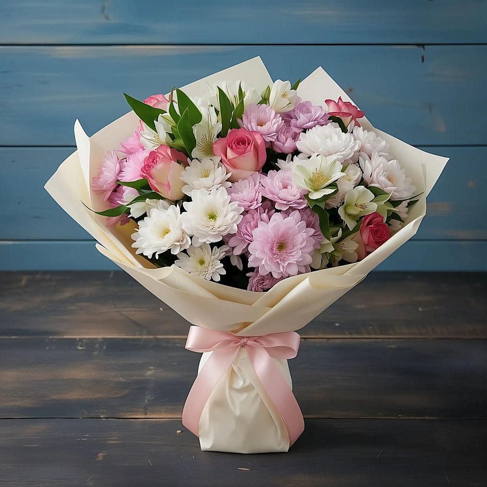 Букет цветов из: Хризантемы, Альстромерии и Розы в Белом Яре Томской области